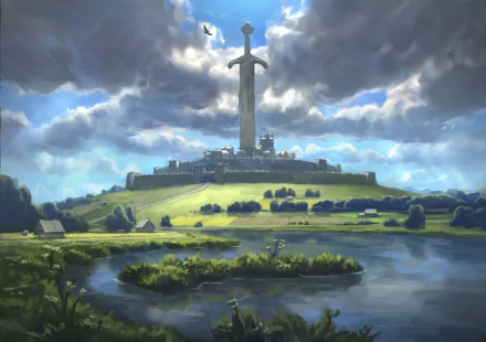4K Ultra HD PC desktop wallpaper — a fantasy city atop a grassy hill crowned by a colossal sword monument, with reflective wetlands and brooding clouds.