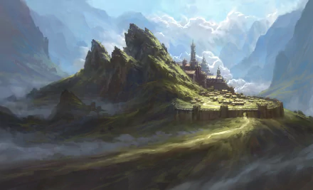 A majestic fantasy city nestled among towering mountains, bathed in soft sunlight under a dramatic sky, rendered in detailed 4K Ultra HD for PC desktop backgrounds.