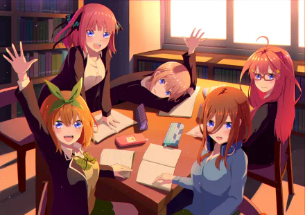 2K Quad HD desktop wallpaper of the Nakano quintuplets — Itsuki, Ichika, Nino, Miku and Yotsuba — studying together at a sunlit library table from The Quintessential Quintuplets