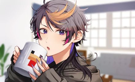 Anime-style 2K Quad HD desktop wallpaper of Luxiem's Shu Yamino — a Virtual YouTuber sipping from a mug in a sunlit room, soft colors and a detailed, contemplative expression.