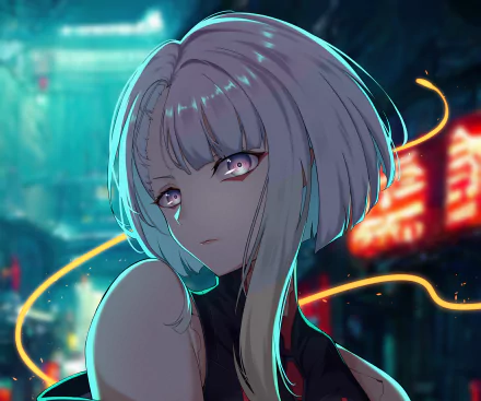 Anime-style 4K Ultra HD wallpaper featuring Lucy from Cyberpunk: Edgerunners with neon-lit cityscape background in a cyberpunk aesthetic.