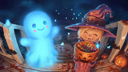 HD PC desktop wallpaper/background: smiling child in a witch hat holding a jack-o'-lantern candy bucket beside a friendly blue ghost on Halloween night.