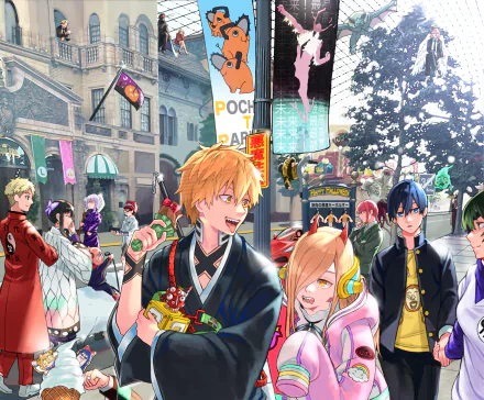 HD anime desktop wallpaper featuring a vibrant crossover scene with characters from Chainsaw Man and Spy x Family in a bustling city setting.