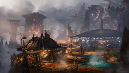 HD PC desktop wallpaper and background: a moody fantasy city — lantern-lit market domes, steaming pools and winding streets beneath towering spires and distant ringed ruins under stormy skies.