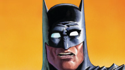 Comic-style close-up of Batman's masked face with glowing white eyes against a vivid orange background — HD PC desktop wallpaper.