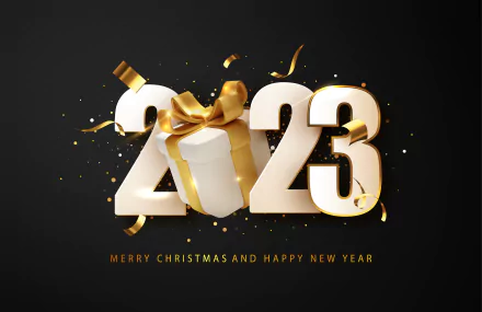 Holiday New Year 2023 4K Ultra HD PC desktop wallpaper: white and gold 2023 on a dark background with a gift-box zero, gold ribbon, confetti and Merry Christmas and Happy New Year text.