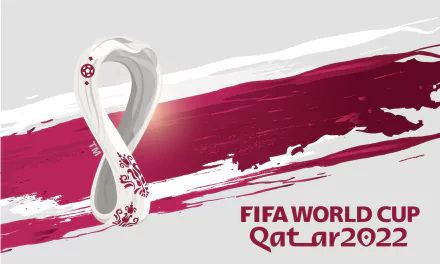 HD desktop wallpaper featuring the official emblem of the 2022 FIFA World Cup with maroon and white brush strokes representing Qatar.