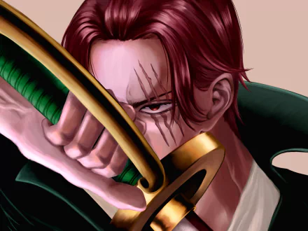 HD anime desktop wallpaper featuring Shanks from One Piece, showcasing his intense gaze and iconic scar as he grips a sword.
