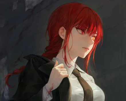 HD PC desktop wallpaper and background: Makima (Chainsaw Man) anime portrait — red hair and intense gaze, black suit and tie against a moody, painterly backdrop.