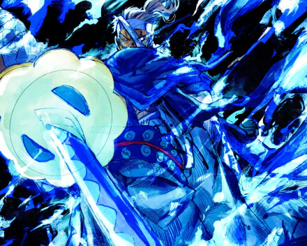 HD PC desktop wallpaper featuring Ryuma from One Piece in dynamic anime style with vibrant blue and white energy effects.