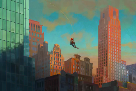 HD PC desktop wallpaper featuring Miles Morales swinging through a cityscape, inspired by the movie Spider-Man: Into The Spider-Verse.