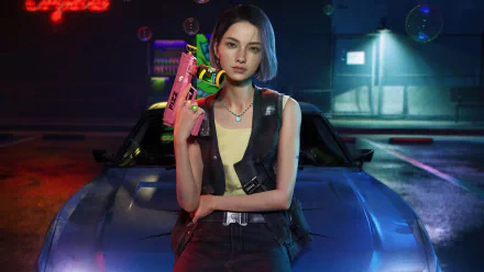 Playerunknown's Battlegrounds video game character leaning against a car in neon night, holding a pink gun — 4K Ultra HD PC desktop wallpaper/background.