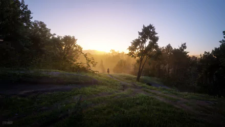 4K Ultra HD Red Dead Redemption 2 PC wallpaper featuring a misty sunrise over a forested landscape with a lone figure walking along a dirt path.