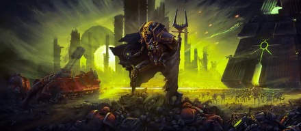 HD PC desktop wallpaper of a towering Necron overlord from Warhammer 40k, commanding skeletal legions amid a glowing green ruined city — video game Warhammer 40k background.