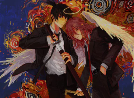 Angel Devil and Aki Hayakawa from Chainsaw Man in dramatic anime-style 4K Ultra HD PC desktop wallpaper: both in suits with wings, halos, and a fiery abstract background.