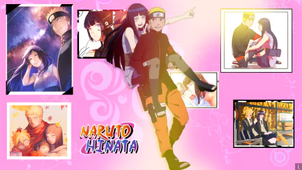 4K Ultra HD PC desktop wallpaper of manga/anime Naruto featuring Naruto Uzumaki and Hinata Hyuga on a pink background with framed manga panels — Naruto & Hinata.
