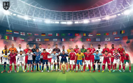 HD desktop wallpaper featuring prominent football players from the 2022 FIFA World Cup standing together on a stadium field with international flags overhead.