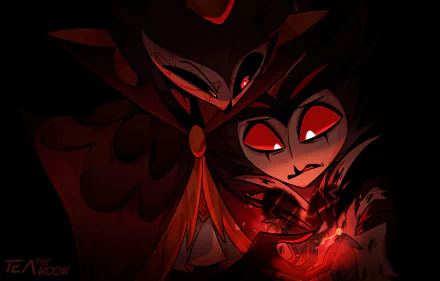 HD PC desktop wallpaper/background of Stolas and Paimon from the TV show Helluva Boss, their faces lit by a crimson occult glow against a dark, shadowy backdrop.