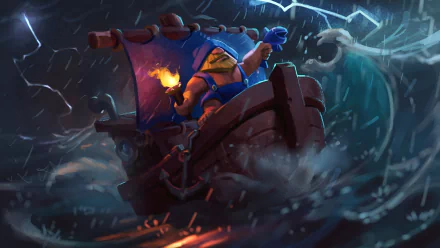 Clash Royale video game 2K Quad HD PC desktop wallpaper: bearded fighter in a small boat holding a torch as waves and lightning crash around him.
