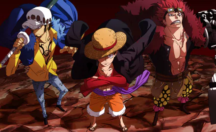 Eustass Kid, Monkey D. Luffy, and Trafalgar Law from One Piece stand ready in this vibrant 4K Ultra HD anime desktop wallpaper.