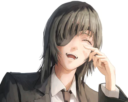 HD PC desktop wallpaper of Himeno (Chainsaw Man): anime portrait of her smiling with eyepatch, short dark hair and suit on a clean white background.