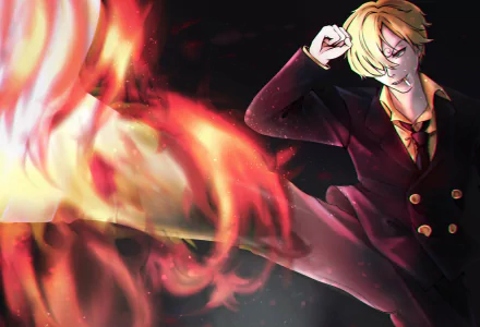 HD PC desktop wallpaper/background of Sanji (One Piece) from the anime One Piece — suited, delivering a flaming kick amid swirling fire against a dark, dramatic backdrop.