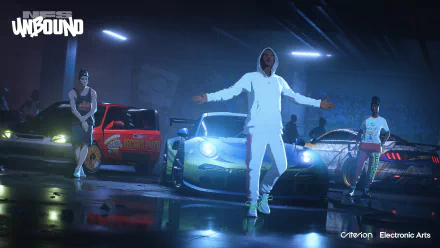 4K Ultra HD PC wallpaper — Need for Speed Unbound: neon-lit garage scene with three racers standing beside three sports cars, headlights glowing and reflections on a wet floor.