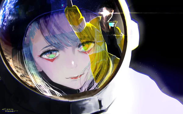 Lucy from Cyberpunk: Edgerunners, depicted in an anime style, set as a high-definition desktop wallpaper.