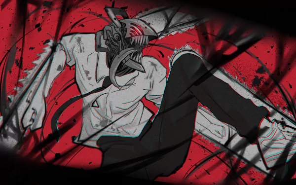 HD wallpaper of Denji from Chainsaw Man anime, featuring a dynamic pose against a red, black, and white background with striking visual effects.