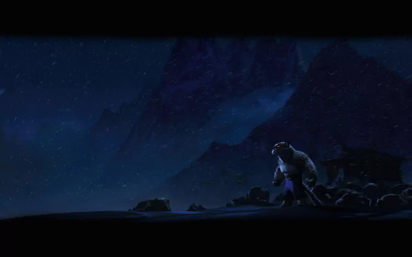 A 4K Ultra HD desktop wallpaper featuring a blue anthropomorphic tiger resembling Tai Lung from the movie Kung Fu Panda, set against a dark mountainous night backdrop.