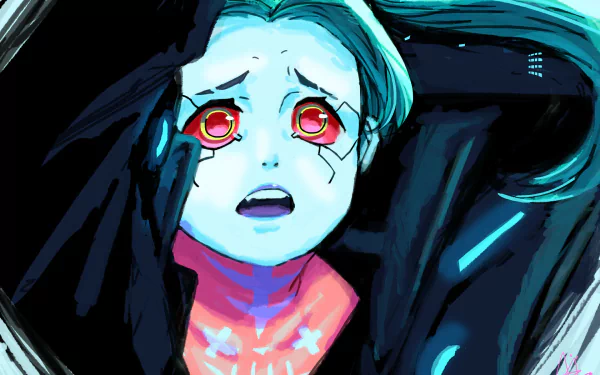 HD PC desktop wallpaper of Rebecca (Cyberpunk: Edgerunners): anime-style teal-haired girl with glowing pink eyes, terrified expression, clutching her face against a dark cyberpunk backdrop.