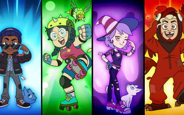 HD desktop wallpaper featuring Hunter, Gus Porter, Amity Blight, and Willow Park from the TV show The Owl House in vibrant, colorful panels.