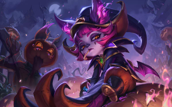 Vex from League of Legends stands in a dark, eerie setting with glowing pumpkins, rendered in stunning 8K Ultra HD as a vibrant PC desktop wallpaper.