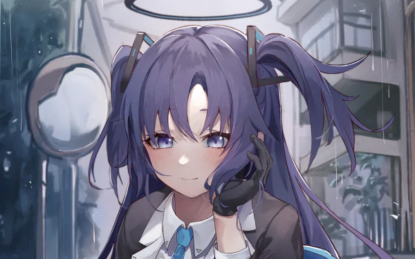 Hayase Yuuka from Blue Archive, HD PC desktop wallpaper: purple twin‑tails with headset and glove, school uniform with blue tie, calm smile against a rainy city window background.