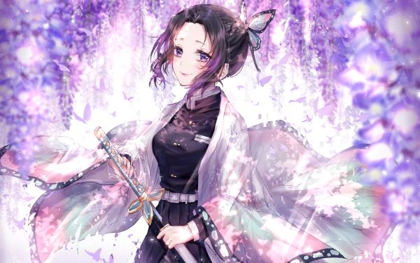 HD anime desktop wallpaper featuring Shinobu Kochou from Demon Slayer: Kimetsu no Yaiba, surrounded by soft purple and white floral elements.