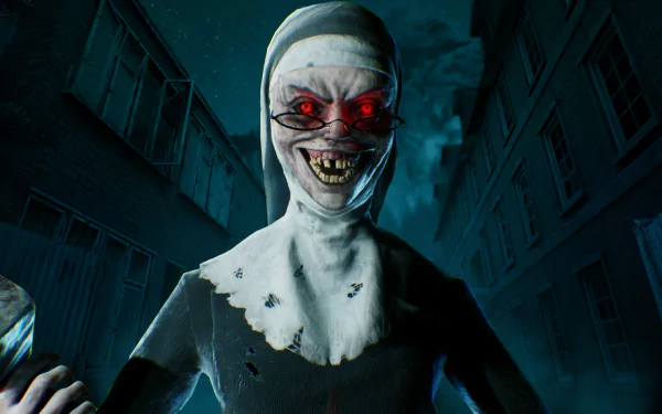 HD PC desktop wallpaper from the video game Evil Nun: The Broken Mask - a grinning, torn-habit nun with glowing red eyes and jagged teeth looming in a dark, abandoned corridor.