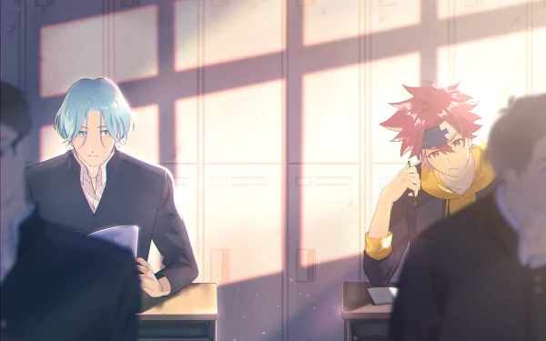 2K Quad HD PC desktop wallpaper: SK8 the Infinity anime — Langa (blue hair) reads while Reki (red hair) glances sideways in a sunlit classroom with warm light and long shadows.