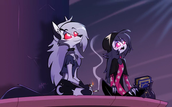 4K Ultra HD wallpaper featuring Octavia and Loona from the TV show Helluva Boss, depicted sitting together in a stylized, dark-themed scene.