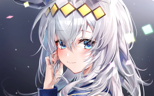 HD anime wallpaper featuring Oguri Cap from Uma Musume: Pretty Derby with silver hair, blue eyes, and a crown-like headpiece in a glowing, dark background.