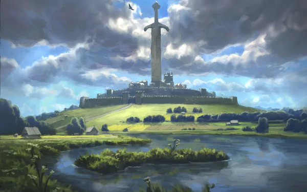 4K Ultra HD PC desktop wallpaper — a fantasy city atop a grassy hill crowned by a colossal sword monument, with reflective wetlands and brooding clouds.