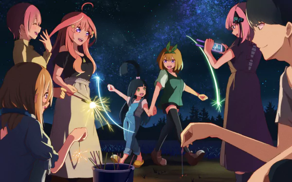 HD PC desktop wallpaper featuring characters from the anime The Quintessential Quintuplets enjoying a nighttime sparklers scene under a starry sky.