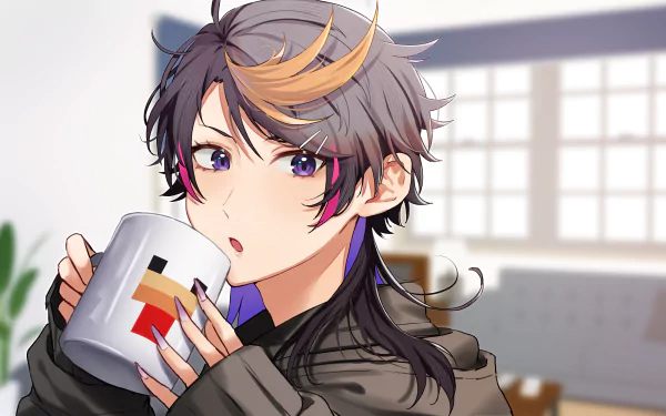 Anime-style 2K Quad HD desktop wallpaper of Luxiem's Shu Yamino — a Virtual YouTuber sipping from a mug in a sunlit room, soft colors and a detailed, contemplative expression.