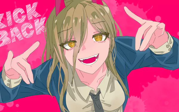4K Ultra HD PC desktop wallpaper of Power (Chainsaw Man): anime portrait, grinning with horns and golden eyes, school uniform and tie, hands framing her face on a hot pink background reading Kick Back