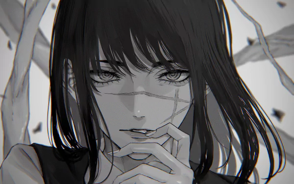 HD desktop wallpaper featuring Asa Mitaka from Chainsaw Man, depicted as the War Devil in an anime art style. She has an intense gaze, with her hand near her face, set against a minimalistic background.