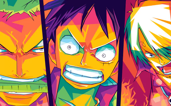 Vibrant 4K Ultra HD One Piece desktop wallpaper featuring close-up stylized portraits of the Monster Trio: Roronoa Zoro, Monkey D. Luffy and Sanji in bold anime colors