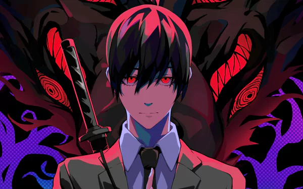HD anime desktop wallpaper featuring Aki Hayakawa from Chainsaw Man, with dark, striking colors and an intense, shadowy background.