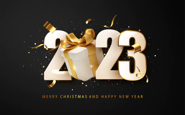 Holiday New Year 2023 4K Ultra HD PC desktop wallpaper: white and gold 2023 on a dark background with a gift-box zero, gold ribbon, confetti and Merry Christmas and Happy New Year text.