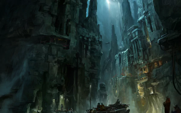 HD fantasy city desktop wallpaper depicting a dark, towering urban landscape with glowing lights and mysterious, ancient architecture under a misty sky.