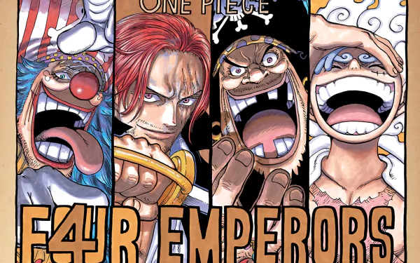 HD anime wallpaper featuring Monkey D. Luffy, Marshall D. Teach, Shanks, and Buggy from One Piece with a bold Four Emperors text design.