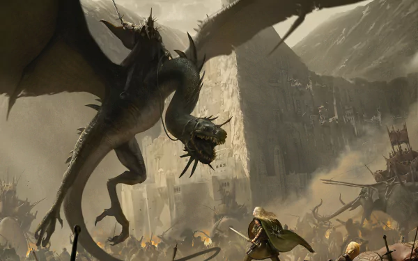 HD PC desktop wallpaper: The Lord of the Rings Nazgûl on a winged fell beast swoops over a burning, besieged fortress as warriors scramble below.